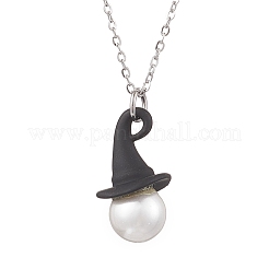 Halloween-Thema weiße runde Muschelperle mit schwarzem Hexenhut-Anhänger aus 304 Edelstahl&nbsp;NJEW-JN05374