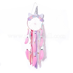 Handgemachtes Einhorn gewebtes Netz/Netz mit Feder-Wandbehang-Dekoration&nbsp;HJEW-A001-01A