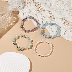 4 Uds 4 estilo perla natural y chips de piedras preciosas mezcladas conjunto de pulseras elásticas con cuentas&nbsp;BJEW-JB08915