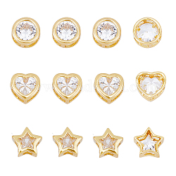 SUPERFINDINGS 12Pcs 3 Styles Rhinstone Star Heart Bead Brass Cubic Zirconia Spacer Beads Real 18K Gold Plated Flat Round Loose Beads for DIY Necklace Earrings Bracelets Crafts