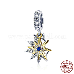 925 Sterling Silver European Dangle Charms, Large Hole Pendants, with Cubic Zirconia, Sun with Star, Platinum & Golden, 22x11mm