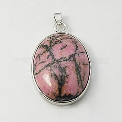 Pendentifs en pierres gemmes, avec accessoires en laiton et rhodonite, ovale, platine, Prune, 41x27.5x7.5mm, Trou: 3x6mm