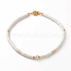 Collane di perline heishi di argilla polimerica, con perle perle di vetro rotondo, perline distanziali in ottone e fermagli ad anello a molla, bianco, 17-7/8 pollice (45.5 cm)