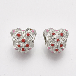 Metall Großlochperlen, mit roter und rosa Emaille, Großloch perlen, Herz, Platin Farbe, 10.5x11x8 mm, Bohrung: 4.5 mm