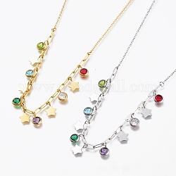 304 Stainless Steel Pendant Necklaces, with Rhinestone, Birthstone Charms and Paperclip Chains, Star, Colorful, Mixed Color, 18-1/8 inch(46cm)