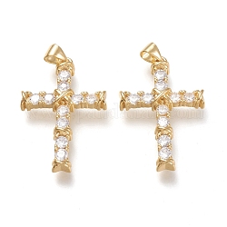 Brass Micro Pave Cubic Zirconia Pendants, Cross, Clear, Real 18K Gold Plated, 30.5x20x4.5mm, Hole: 3.5x5mm