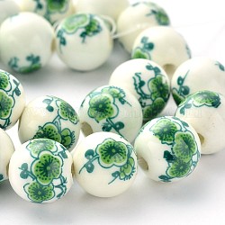 Flower Printed Round Handmade Porcelain Beads Strands, MediumSea Green, 12mm, Hole: 2mm, about 30pcs/strand, 14.2inch