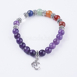 Natural Amethyst Stretch Bracelets, with Mixed Stone, Alloy Findings and Brass Pendants, Aum/Om Symbol, Antique Silver, 2-1/8 inch(54mm)