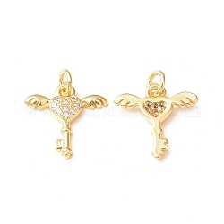 Brass Micro Pave Cubic Zirconia Charms, with Jump Ring, Key with Wing Charm, Golden, 13x13x2.2mm, Hole: 3mm