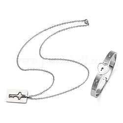 304 bracelet jonc coeur en acier inoxydable avec zircons cubiques, collier pendentif clé, ensemble de bijoux de couple pour la Saint-Valentin, acier inoxydable, 496mm, diamètre intérieur: 58 mm
