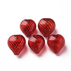 Perle di globo di vetro soffiato a mano trasparente, motivo a strisce, cuore, rosso scuro, 22.5~24.5x20~22x15~17mm, Foro: 1.6~2 mm