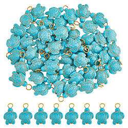 50 pezzo di pendenti in turchese sintetico tinto, ciondoli tartaruga marina con anelli in ferro placcato oro, turchese, 22x14x6~8mm, Foro: 3.5 mm, 50 pc / set
