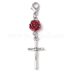 Décorations de pendentif croix crucifix en alliage, avec rose 304 maillon en acier inoxydable et résine et fermoirs mousquetons en alliage, couleur mixte, 60.5mm
