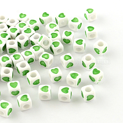 Perline europei acrilici opachi, grandi branelli del foro del cubo, con disegno cuore, verde lime, 7x7x7mm, Foro: 4 mm, circa 1900pcs/500g