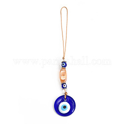 Flat Round with Evil Eye Glass Pendant Decorations, Hemp Rope Hanging Ornament, Royal Blue, 160mm