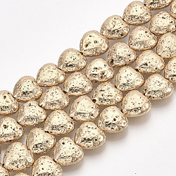 Electroplated Natural Lava Rock Beads Strands, Bumpy, Heart, Light Gold Plated, 11x10~10.5x4.5~5mm, Hole: 1mm, about 40pcs/strand, 15.7 inch