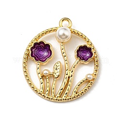 Colgantes de esmalte de aleación, con perla de imitación de plástico, dorado, redondo plano con dije de flor, púrpura, 27x24x6.5mm, agujero: 1.8 mm