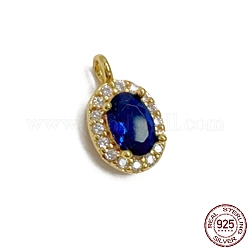 925 Sterling Silver Pendants, with Dark Blue Cubic Zirconia, Oval Charm, Real 18K Gold Plated, 11.7x7x4mm, Hole: 1.6mm
