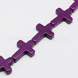 Abalorios de turquesas sintéticas hebras, teñido, cruz, púrpura, 30x20x6mm, agujero: 1 mm, aproximamente 13 pcs / cadena, 15.35 pulgada