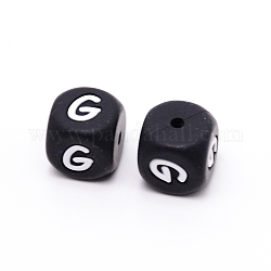 Perlas de silicona, cubo con letter.g, negro, 12x12x12mm, agujero: 2 mm