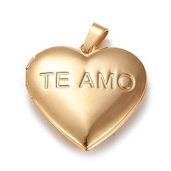 Ion Plating(IP) 304 Stainless Steel Locket Pendants, Photo Frame Charms for Necklaces, Heart with Diamond & TE AMO, Real 18k Gold Plated, 29x29x6.5mm, Hole: 3.5x7mm, Inner Size: 16x21mm