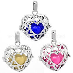 Platinum Tone Brass Cage Pendants, Chime Ball Pendants, Heart, with Brass Spray Painted Round Beads, Lead Free & Nickel Free & Cadmium Free, Mixed Color, 30x28.5x17.5mm, Hole: 7x3mm