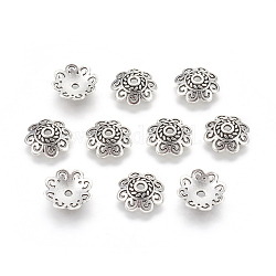 Tibetischen Stil Legierung Perlenkappen, Bleifrei, Blume, Antik Silber Farbe, 12x12x4 mm, Bohrung: 1.5 mm