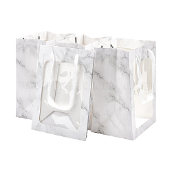 Flower Bouquet Paper Gift Bags, Portable Kraft Paper Tote Shopping Bag, with PVC Transparent Window and Handles, Party Gift Wrapping Bags, Rectangle with Marble Pattern, WhiteSmoke, 18x13x25cm