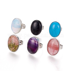Adjustable Natural & Synthetic Gemstone Finger Rings, with Platinum Brass Findings, Oval, Size 8, 18mm