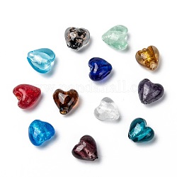 Perles en verre d'argent feuille manuelles, cœur, couleur mixte, environ 12 mm de diamètre, épaisseur de 8mm, Trou: 1~2mm