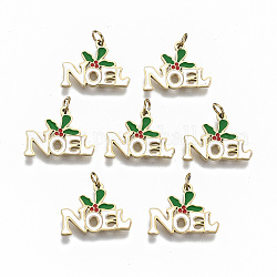 316 Surgical Stainless Steel Enamel Charms, with Jump Rings, for Christmas, White Word Noel, Real 14K Gold Plated, 10x14x1mm, Jump Ring: 3.5x0.5mm, 2.5mm inner diameter
