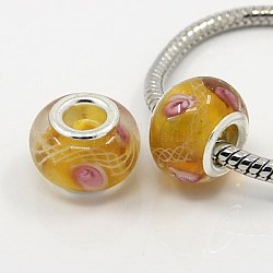 Lampwork European Beads, Large Hole Beads, with Silver Color Brass Core, Rondelle, Lt.Yellow/Pink, with about 13~15mm wide, 9~12mm long, hole: 4~5mm