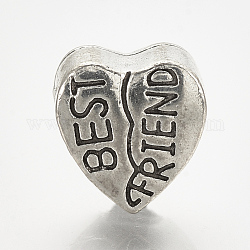 Perline in lega europeo, perline con foro grande, cuore con la frase migliore amico, argento antico, 11x10x7mm, Foro: 4 mm