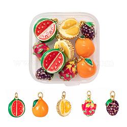 10 pz 5 pendenti smaltati in ottone a tema frutta in stile, vero placcato oro 18k, durian & arancia & anguria & pitaya & gelsi, colore misto, 12.5~17x9~13.5x8~11mm, Foro: 2.8 mm, 2pcs / style