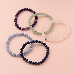 Round Natural Gemstone Beaded Stretch Bracelets, with Antique Silver Plated Alloy Tube Bails, 57mm
