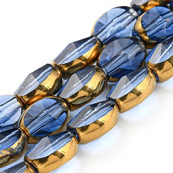 Electroplate transparentes abalorios de vidrio hebras, con borde chapado en oro, oval con facetas, azul aciano, 8~9x6.5x5mm, agujero: 1.2 mm, aproximamente 37 pcs / cadena, 23.78 pulgada (60.4 cm)