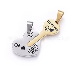 304 Stainless Steel Split Pendants, with Enamel, Heart with Key, with Word, Golden & Stainless Steel Color, 20x41.5x2mm, Hole: 10x5mm, One Side: 20x24x2mm, Hole: 10x5mm, Another Side: 31x13.5x2mm, Hole: 10x5mm