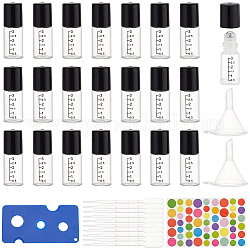 BENECREAT 24Pcs Transparent Glass Roller Ball Bottles, with 1Pc Plastic Bottle Openers & 10Pcs Dropper & 4Pcs Funnel Hopper, 1Pc Paper Rainbow Color Stickers, Mixed Color, Bottle: 4.4x1.6cm, Capacity: 3ml(0.10fl. oz)