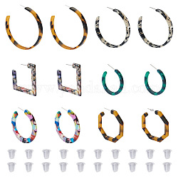 Cheriswelry 6 Pairs 6 Style Cellulose Acetate(Resin) Geometry Stud Earrings, Round & Square & Hexagon Half Hoop Earrings, with 100Pcs Ear Nuts, Mixed Color, 27~60x2~7mm, Pin: 0.7mm, 1 pair/style