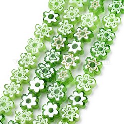 Chapelets de perle de millefiori en verre manuelles, fleur, vert clair, 6.4~9x3.2mm, Trou: 1mm, Environ 56 pcs/chapelet, 15.75'' (40 cm)