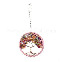 Wire Wrapped Chips Dyed Glass & Natural Amethyst Big Pendant Decorations, with Iron Chains and Imitation Leather Rope, Flat Round with Tree of Life, Colorful, 245mm