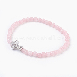 Bracelets extensibles avec perles en quartz rose naturel, avec micro en laiton paver perles cubes de zircone, platine, 2-1/8 pouce (5.3 cm) ~ 2-1/8 pouces (5.5 cm)