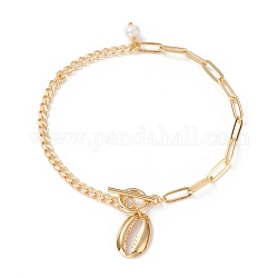 Bracelets de cheville, avec des perles de nacre naturelle, chaînes gourmettes en laiton et chaînes trombones, 304 fermoirs et pendentifs en acier inoxydable, forme coquille, or, 9-5/8 pouce (24.5 cm)