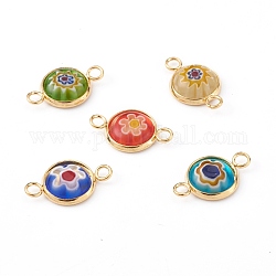Handmade Millefiori Glass Links Connectors, with 304 Stainless Steel Findings, Flat Round, Golden, 19x12x3mm, Hole: 2.5mm