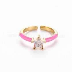 Манжеты из латуни с эмалью, открытые кольца, пасьянс кольца, с четким кубического циркония, без никеля , звезда, золотые, розовый жемчуг, размер США 7 (17.3 мм)