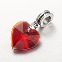 Ciondoli pendenti europei in lega a foro grande, con pendenti cuore di vetro elettrolitico, argento antico, rosso, 25mm, Foro: 5 mm