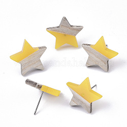 Pendientes de resina y madera, con 304 perno de acero inoxidable, estrella, amarillo, 17x18mm, pin: 0.7 mm