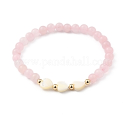 Bracelets de perles extensibles, avec des perles de coquillage trochidées naturelles cœur, perles rondes de quartz rose naturel et perles en laiton plaqué or, diamètre intérieur: 2-1/8 pouce (5.5 cm)