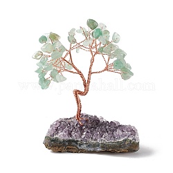 Natural Green Aventurine Tree Display Decoration, Druzy Amethyst Base Feng Shui Ornament for Wealth, Luck, Rose Gold Brass Wires Wrapped, 45~52x69~75x93~107mm