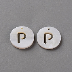 Pendentifs de coquillages d'eau douce naturelle, plat rond avec la lettre, letter.p, 12x1.5mm, Trou: 1mm